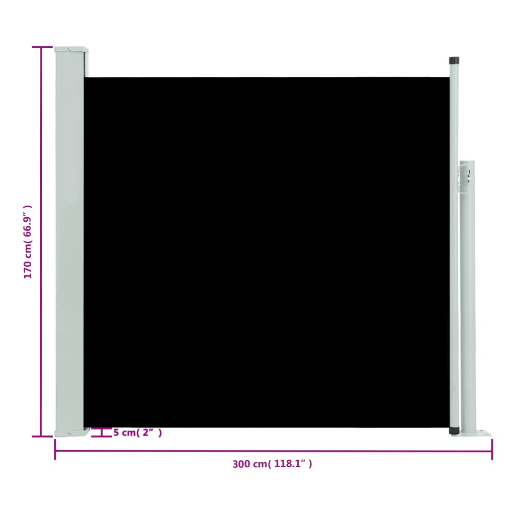 vidaXL Zaťahovacia bočná markíza na terasu 170x300 cm, čierna