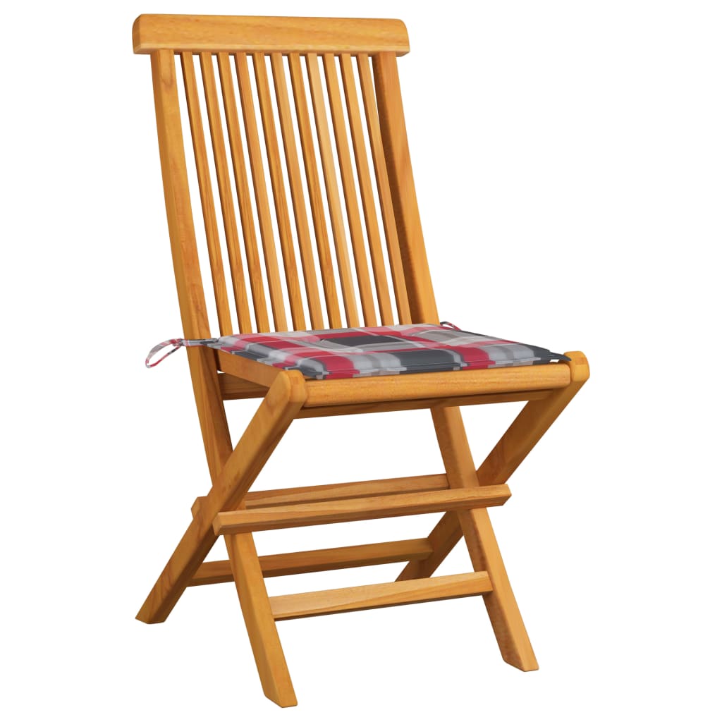 vidaXL Záhradné stoličky+červené kockované podložky 4 ks, tíkový masív