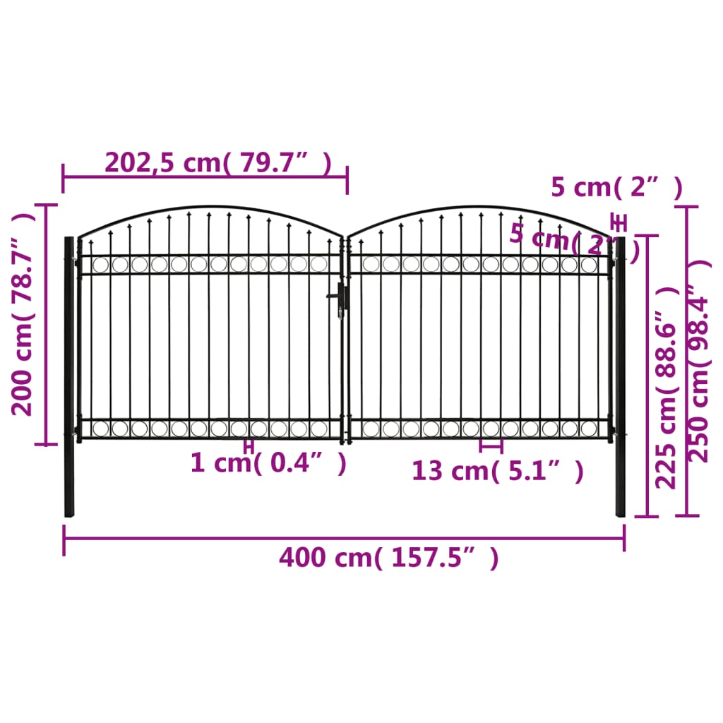 vidaXL Dvojkrídlová plotová brána s oblúkom, oceľ 400x200 cm, čierna