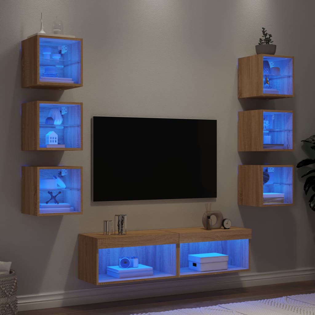 vidaXL 8-dielne TV nástenné skrinky s LED dub sonoma kompozitné drevo