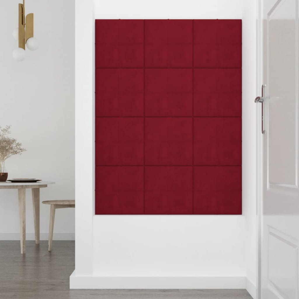 vidaXL Nástenné panely 12 ks vínovočervené 30x30 cm zamat 1,08 m²