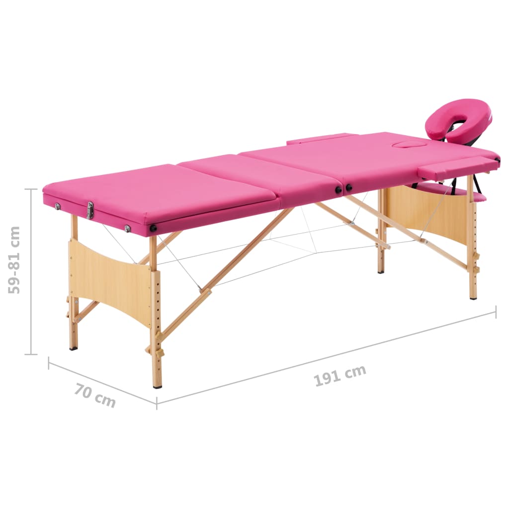 vidaXL Skladací masážny stôl, 3 zóny, drevo, ružový