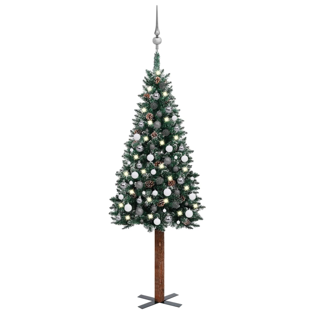 vidaXL Úzky osvetlený vianočný stromček s guľami, zelený 180 cm