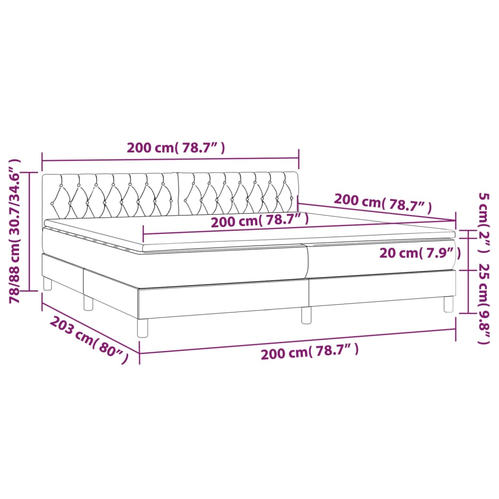 vidaXL Posteľ boxsping s matracom a LED tmavosivá 200x200 cm zamat