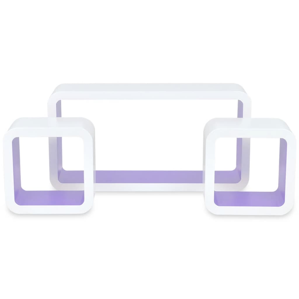 Bielo-fialové nástenné poličky z MDF na uskladnenie kníh/DVD, 3 ks, tvar kocky