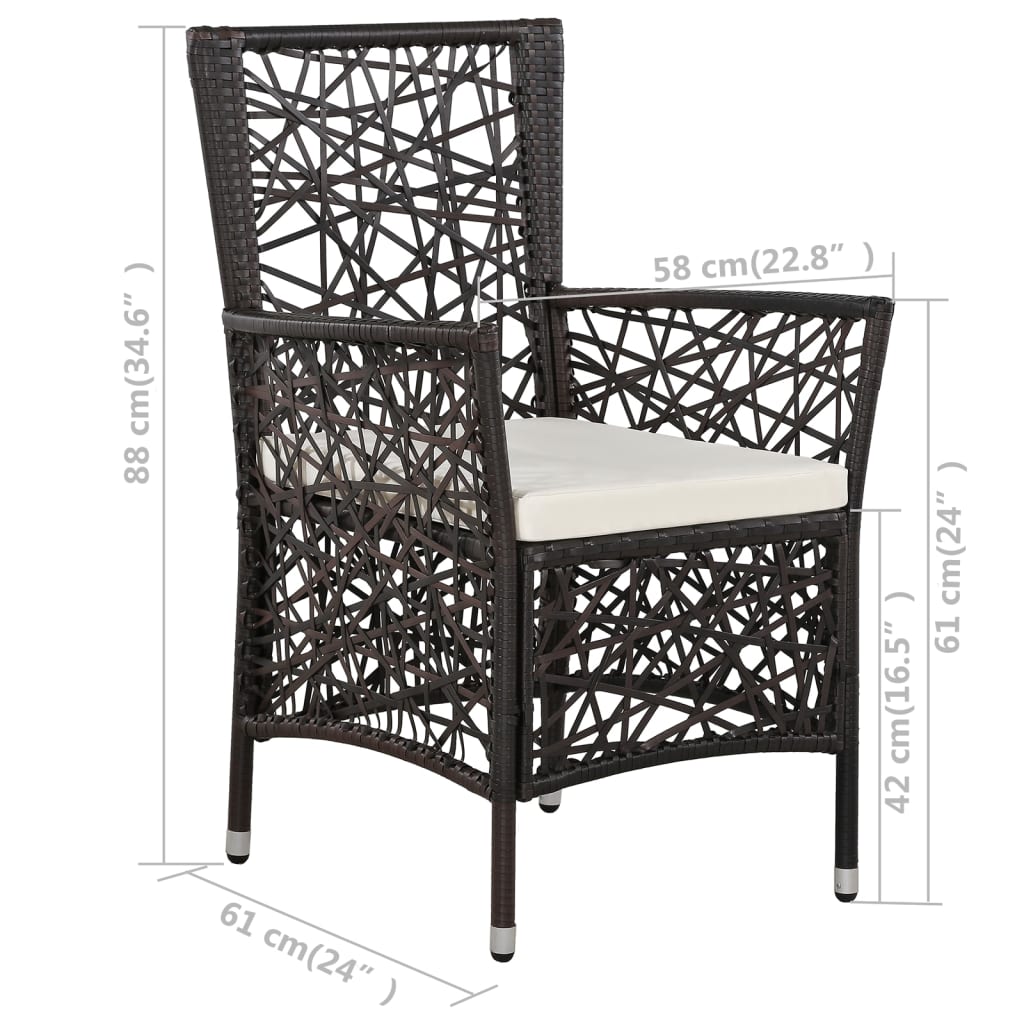 vidaXL Vonkajšie stoličky 2 ks s podložkami, polyratan, hnedé