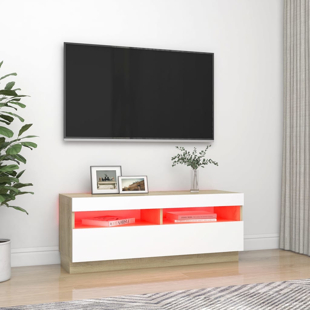 vidaXL TV skrinka s LED svetlami biela a dub sonoma 100x35x40 cm
