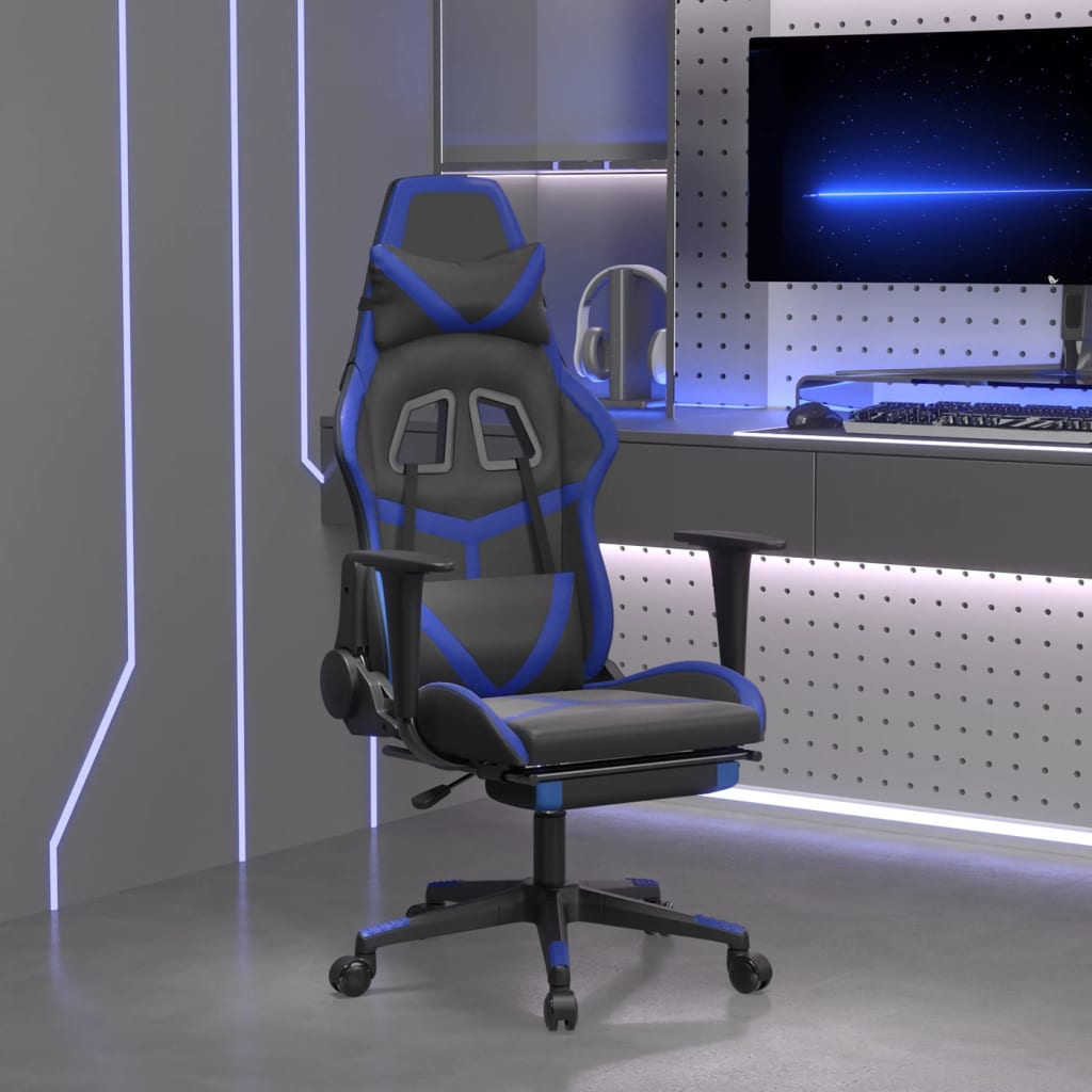 vidaXL Masážna herná stolička s podnožkou čierna a modrá umelá koža
