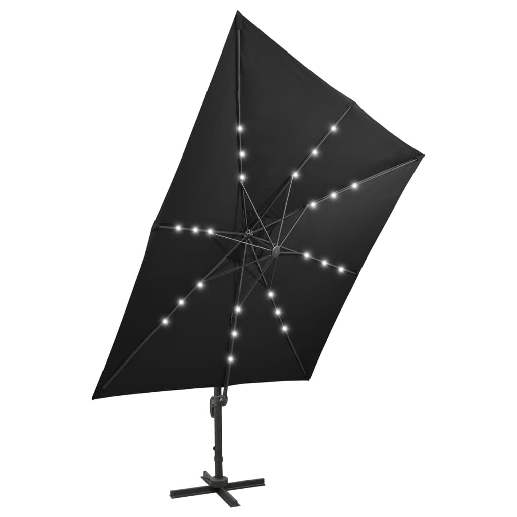vidaXL Závesný slnečník s tyčou a LED svetlami čierny 300 cm