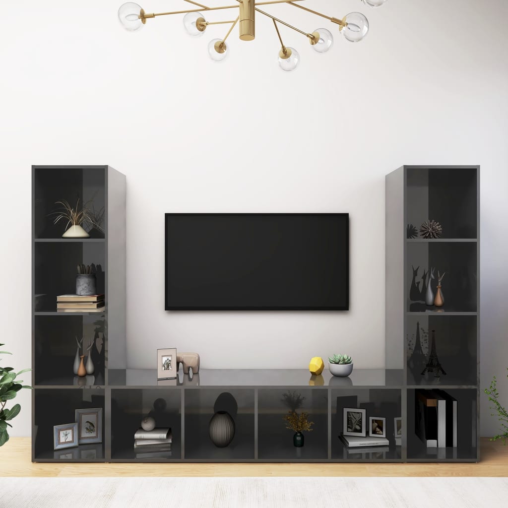 vidaXL TV skrinky 3 ks lesklé sivé 142,5x35x36,5 cm drevotrieska