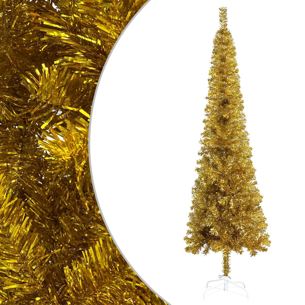 vidaXL Úzky osvetlený vianočný stromček s guľami, zlatý 210 cm