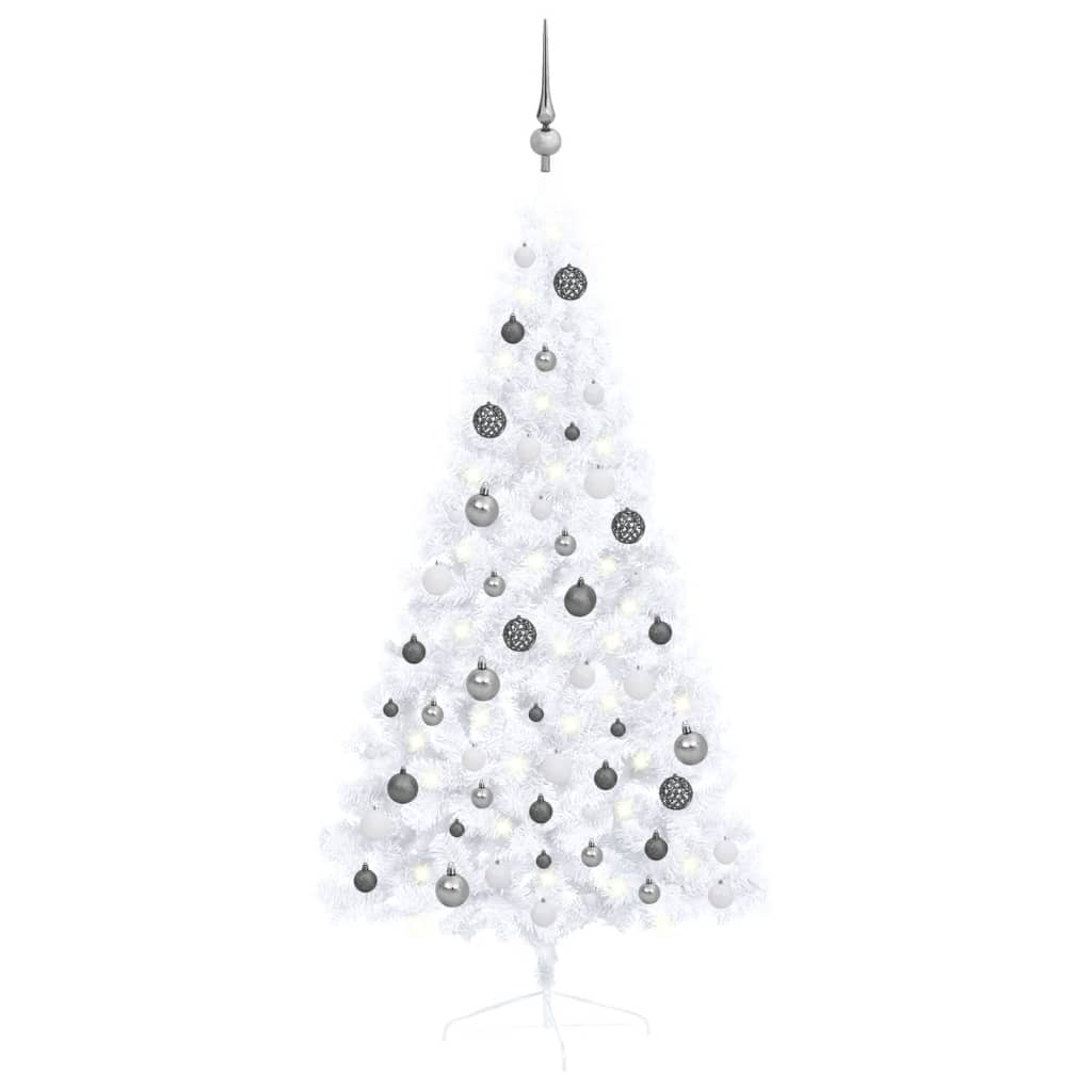 vidaXL Osvetlený umelý polovičný vianočný stromček+gule, biely 150 cm
