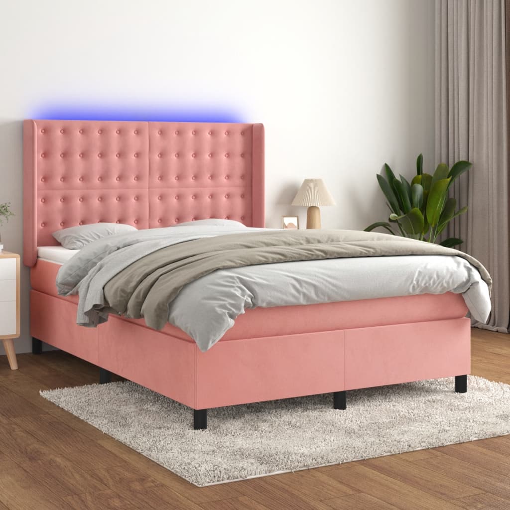 vidaXL Posteľný rám boxsping s matracom a LED ružový 140x190 cm zamat