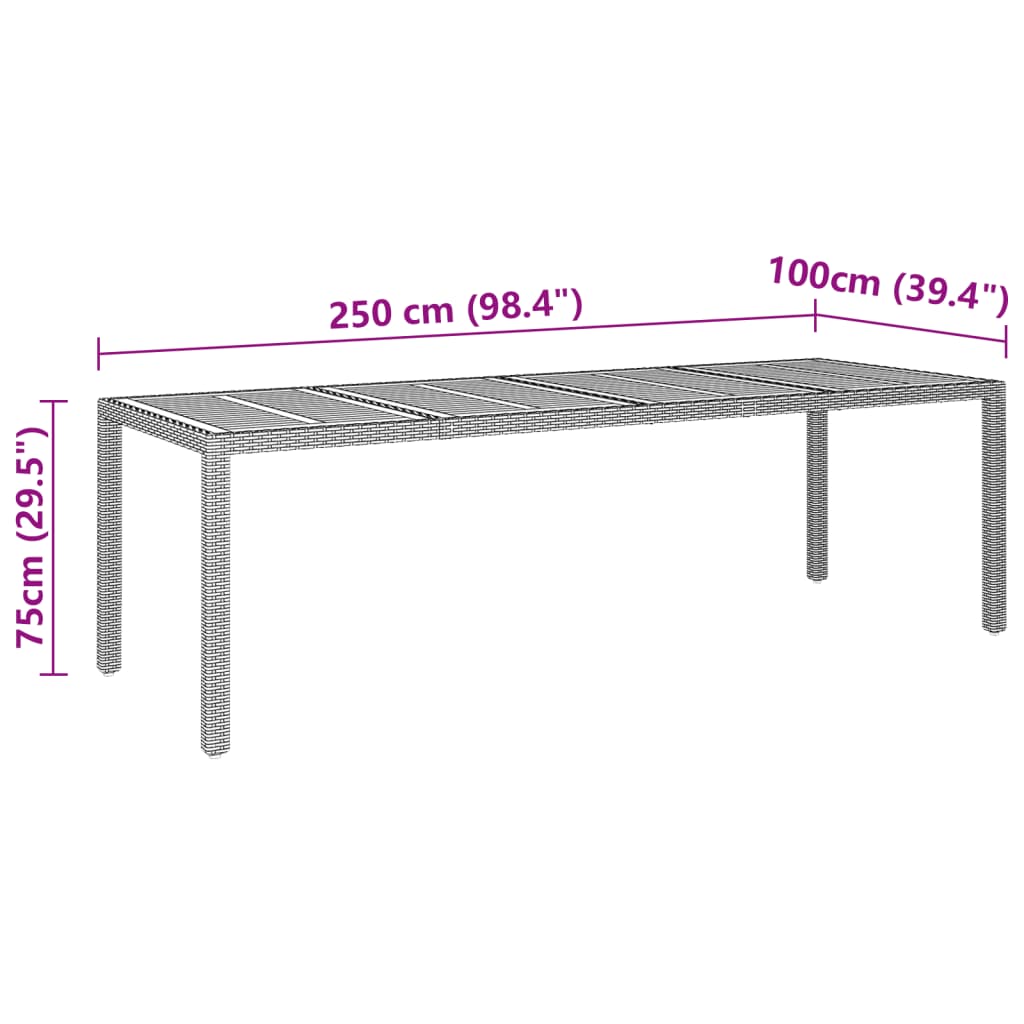 vidaXL Záhradný stôl sivý 250x100x75 cm polyratan a akáciový masív