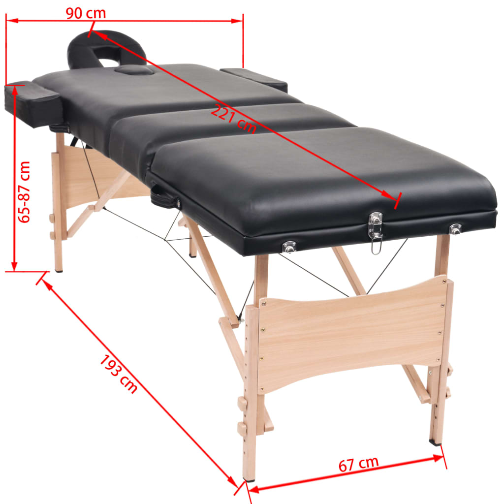 vidaXL Skladací masážny stôl, 3 zóny, 10 cm hrubý, čierny