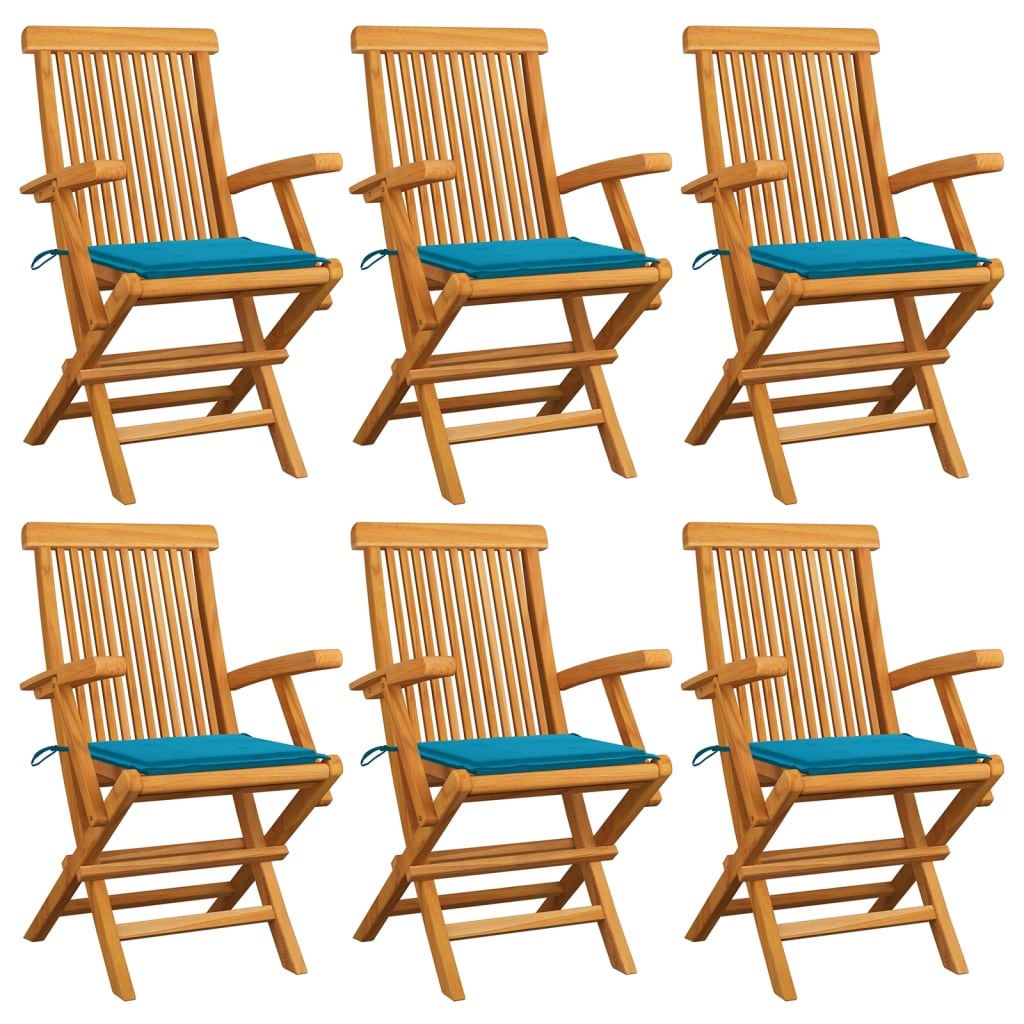 vidaXL Záhradné stoličky, modré podložky 6 ks, tíkový masív