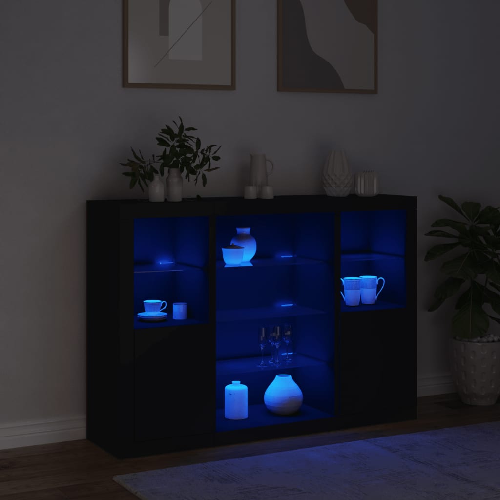vidaXL Komody s LED svetlami 3 ks čierne kompozitné drevo