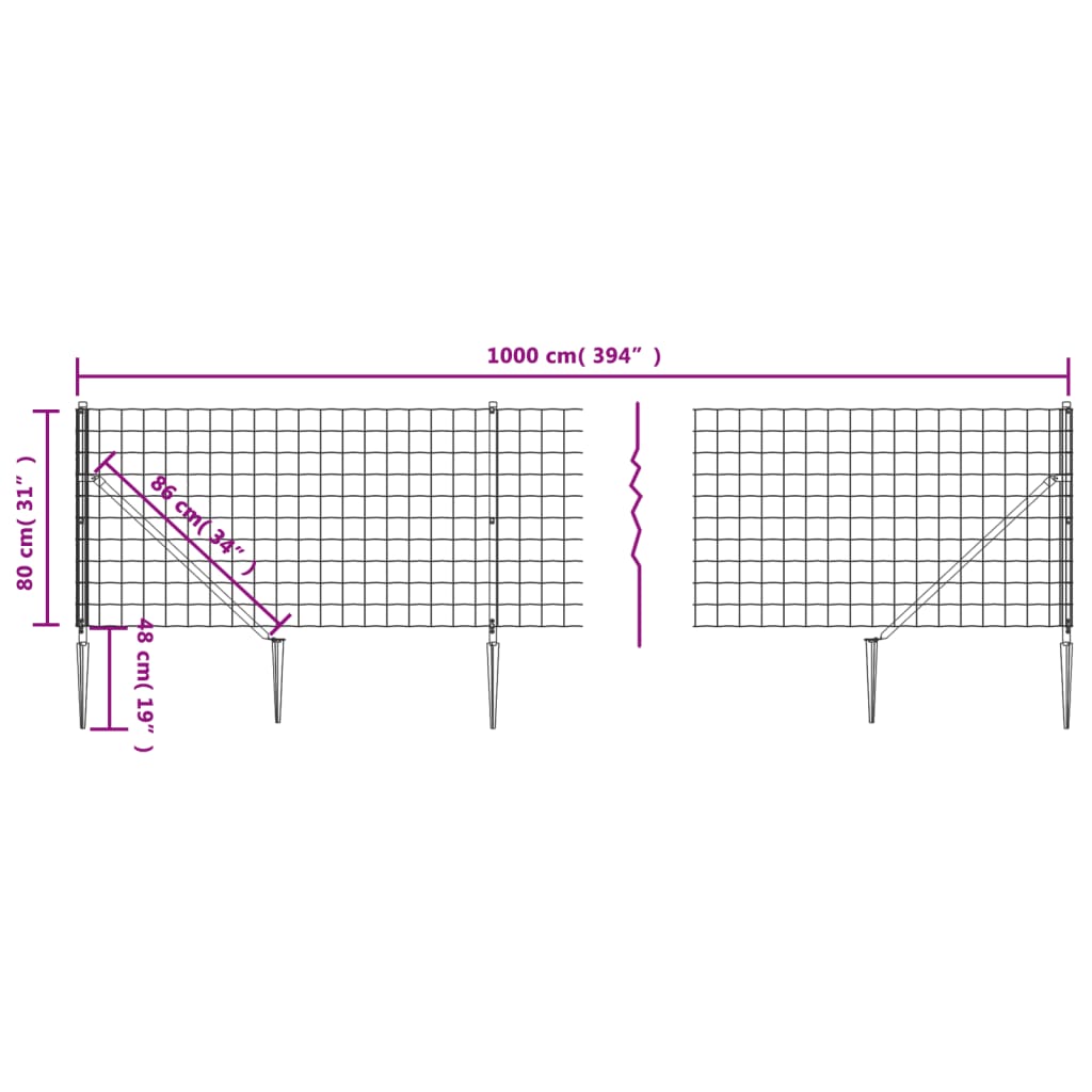 vidaXL Drôtený plot s kotviacimi hrotmi zelený 0,8x10 m