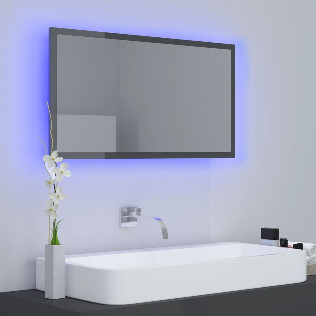 vidaXL LED kúpeľňové zrkadlo lesklé sivé 80x8,5x37 cm spracované drevo