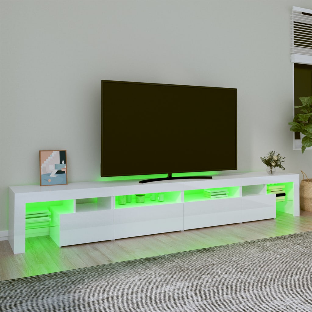 vidaXL TV skrinka s LED svetlami lesklá biela 260x36,5x40 cm