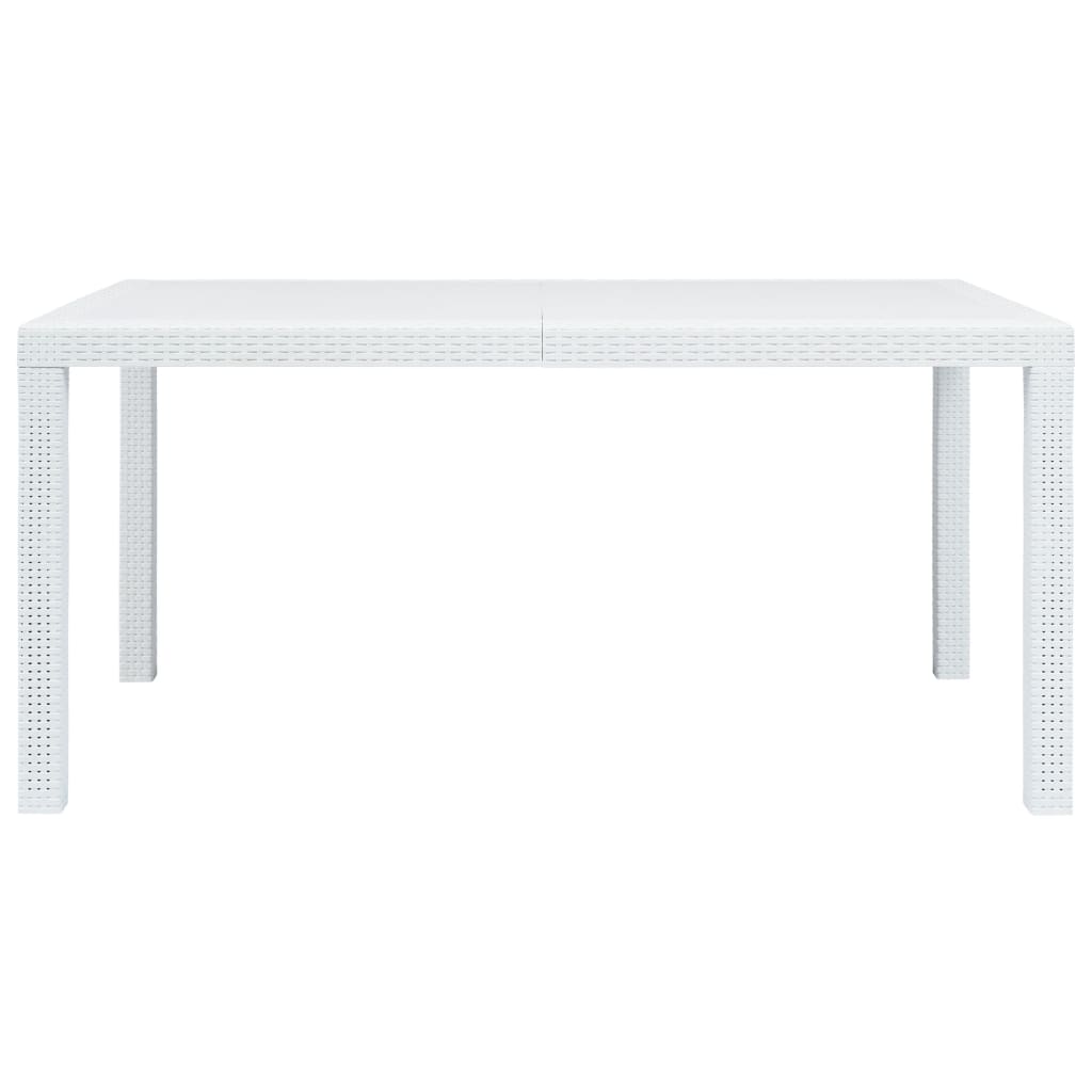 vidaXL Záhradný stôl biely 150x90x72 cm plastový s ratanovým vzhľadom