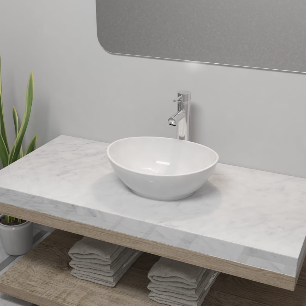 vidaXL Kúpeľňové umývadlo s pákovým kohútikom keramické oválne biele
