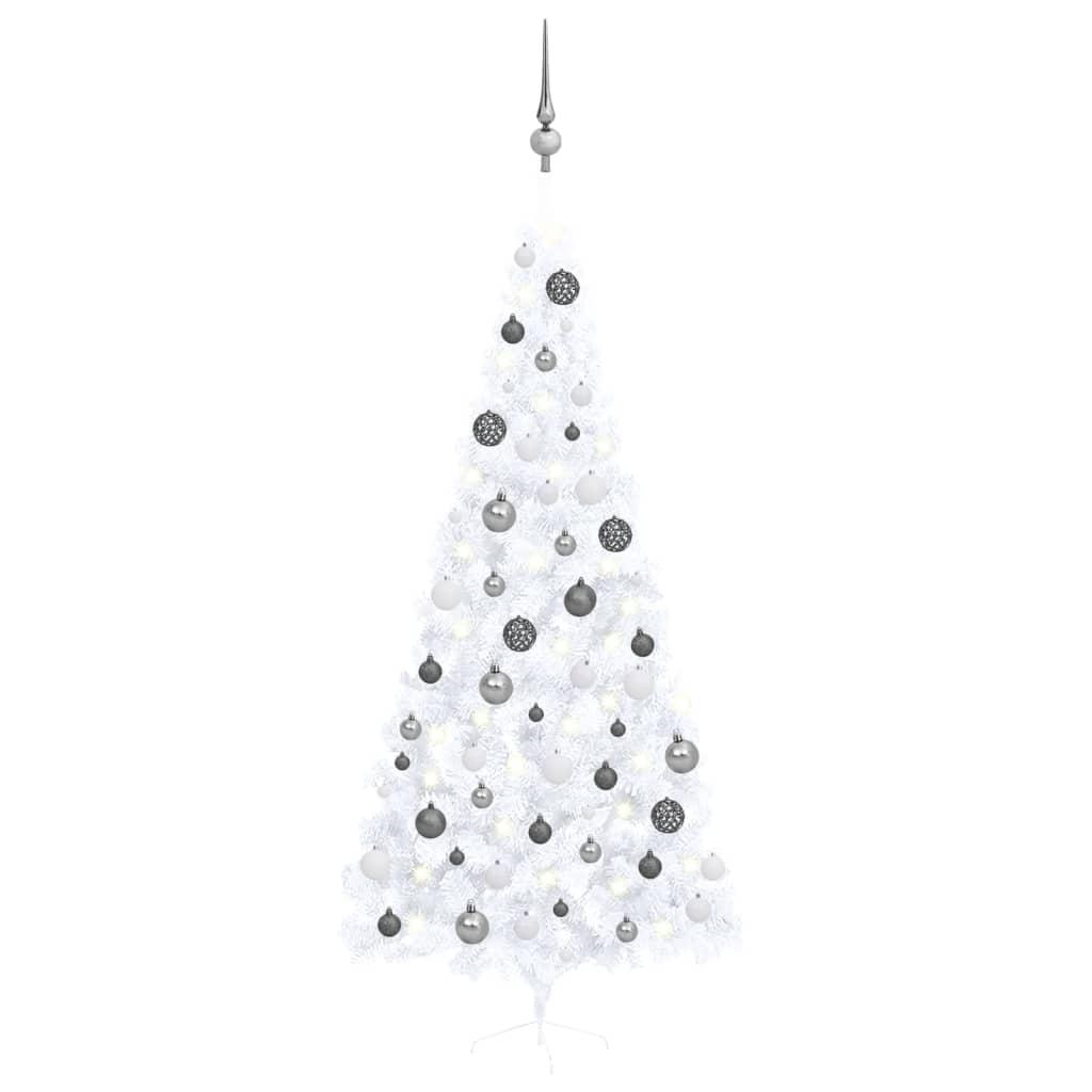 vidaXL Osvetlený umelý polovičný vianočný stromček+gule, biely 240 cm