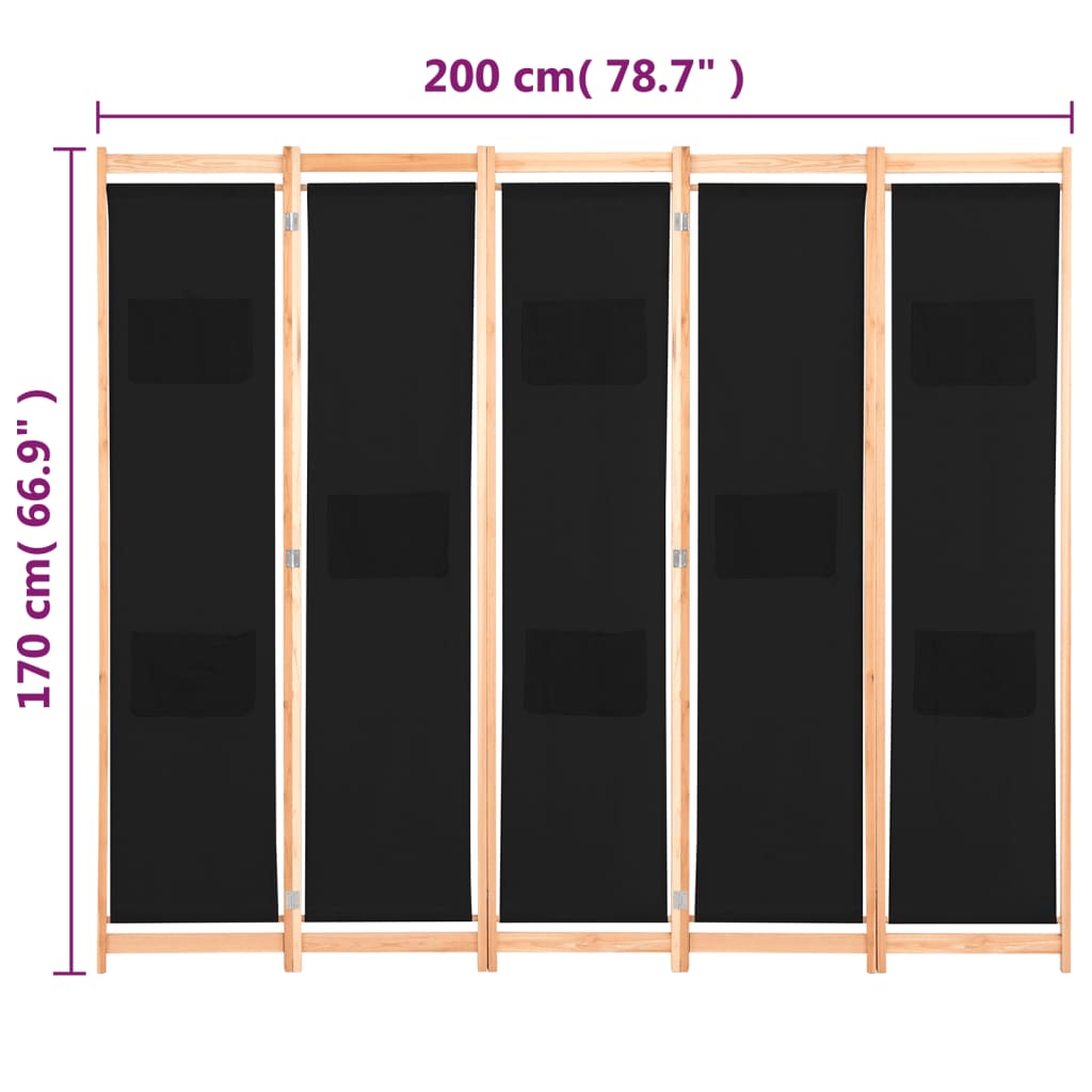 vidaXL 5-panelový paraván čierny 200x170x4 cm látkový