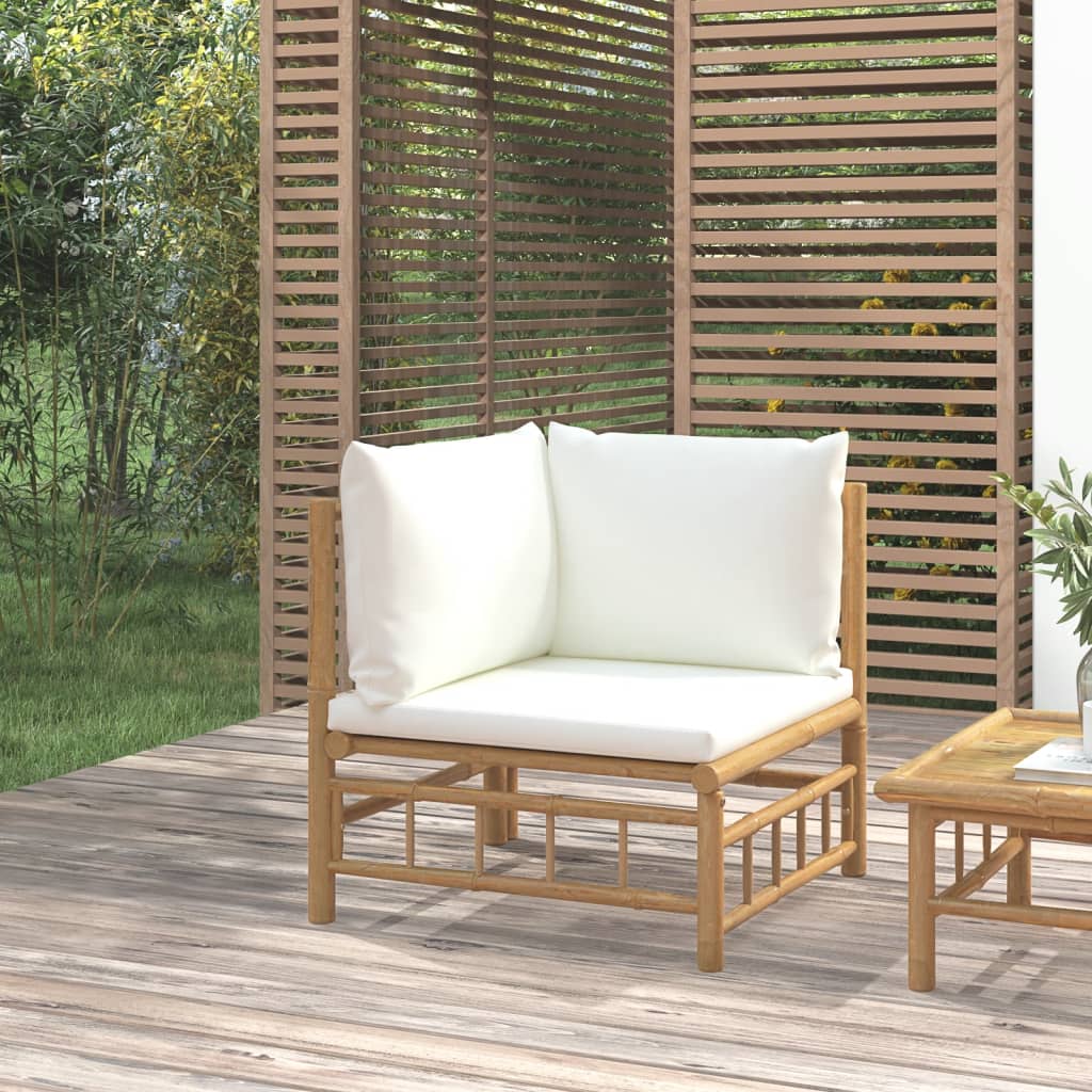 vidaXL Záhradná rohová pohovka s krémovobielymi vankúšmi bambus