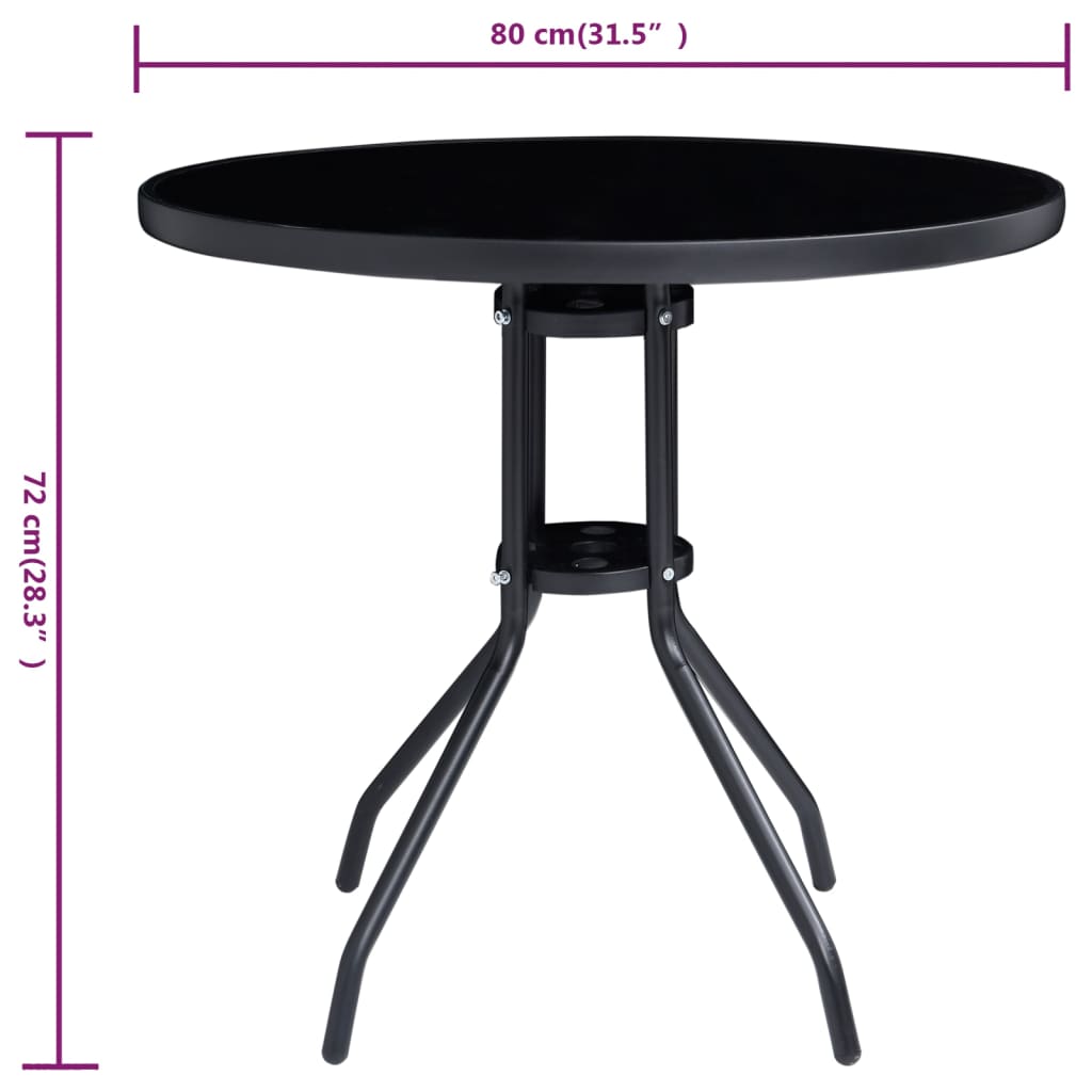 vidaXL Záhradný stôl, čierny 80 cm, oceľ a sklo