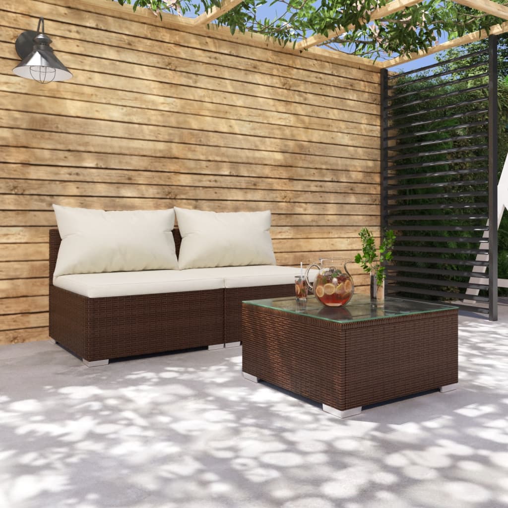 vidaXL 3-dielna záhradná sedacia súprava s vankúšmi polyratan hnedá