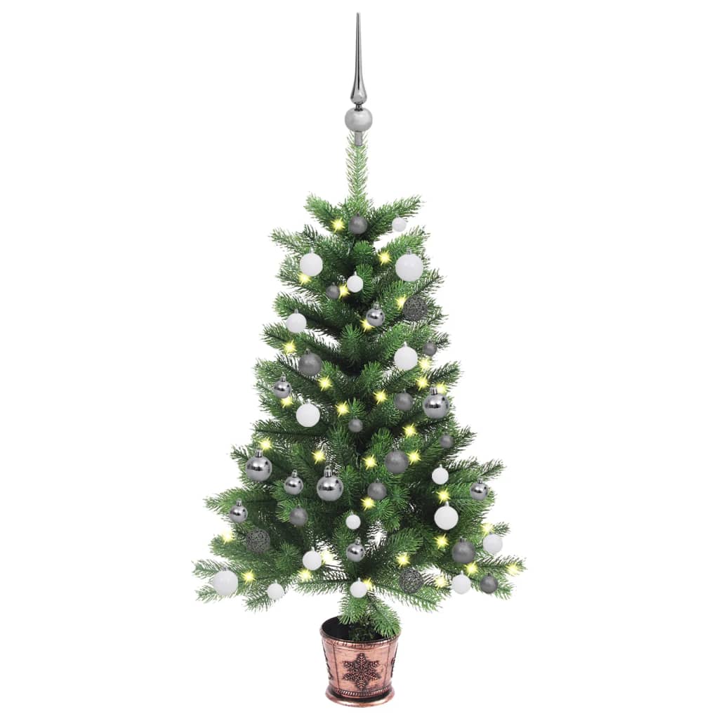 vidaXL Osvetlený umelý vianočný stromček s guľami 65 cm, zelený