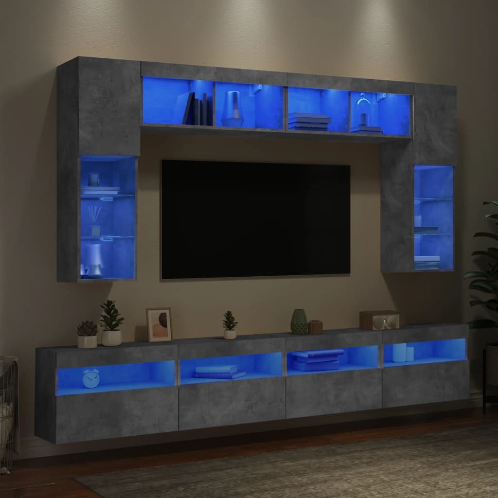 vidaXL 8-dielna súprava TV nástenných skriniek s LED betónovosivá