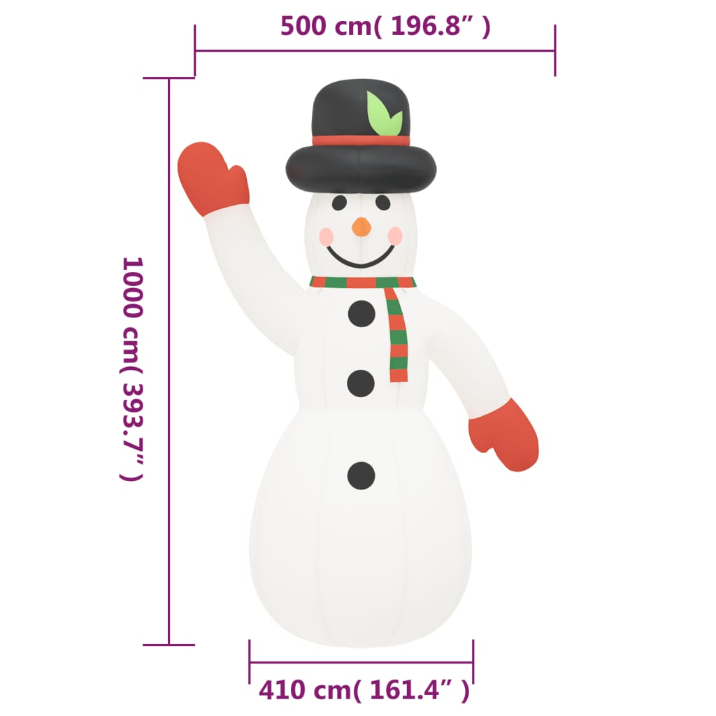 vidaXL Nafukovací vianočný snehuliak s LED 1000 cm