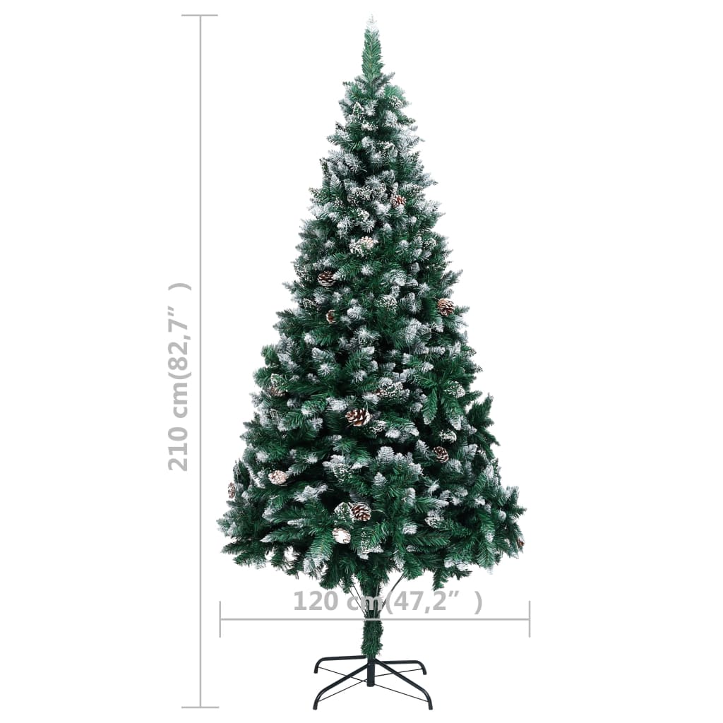vidaXL Zasnežený umelý vianočný stromček s borovicovými šiškami 210 cm