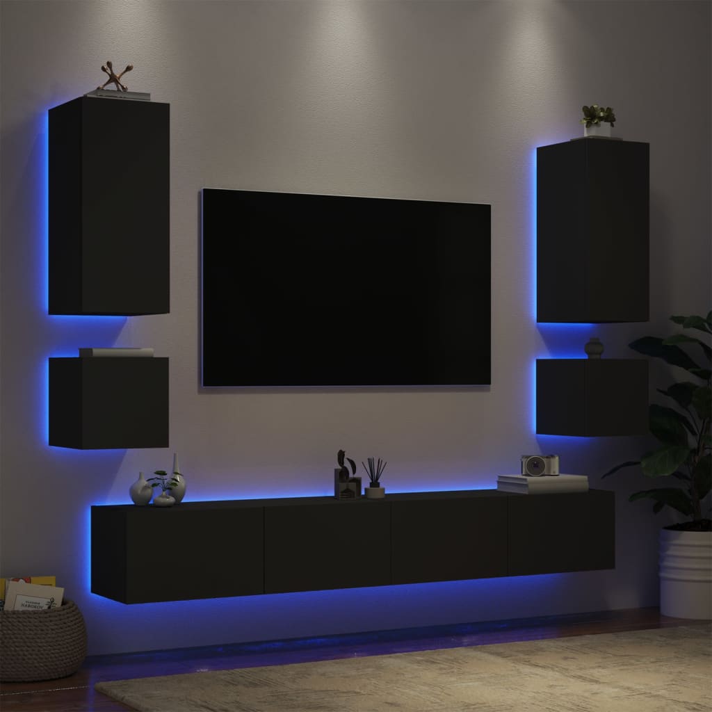vidaXL 6-dielne TV nástenné skrinky s LED svetlami čierne