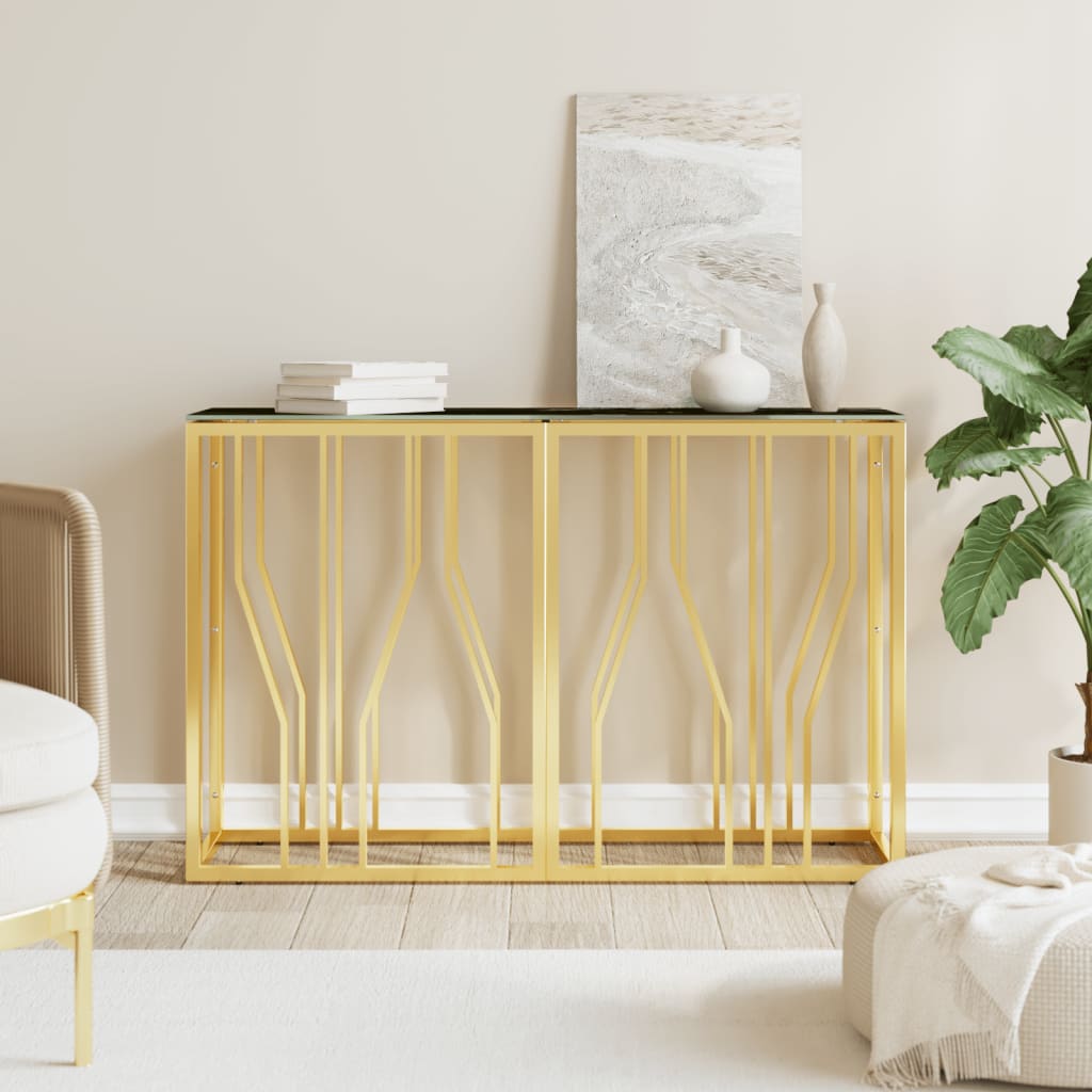 vidaXL Konzolový stolík zlatý 110x30x70 cm nehrdzavejúca oceľ a sklo
