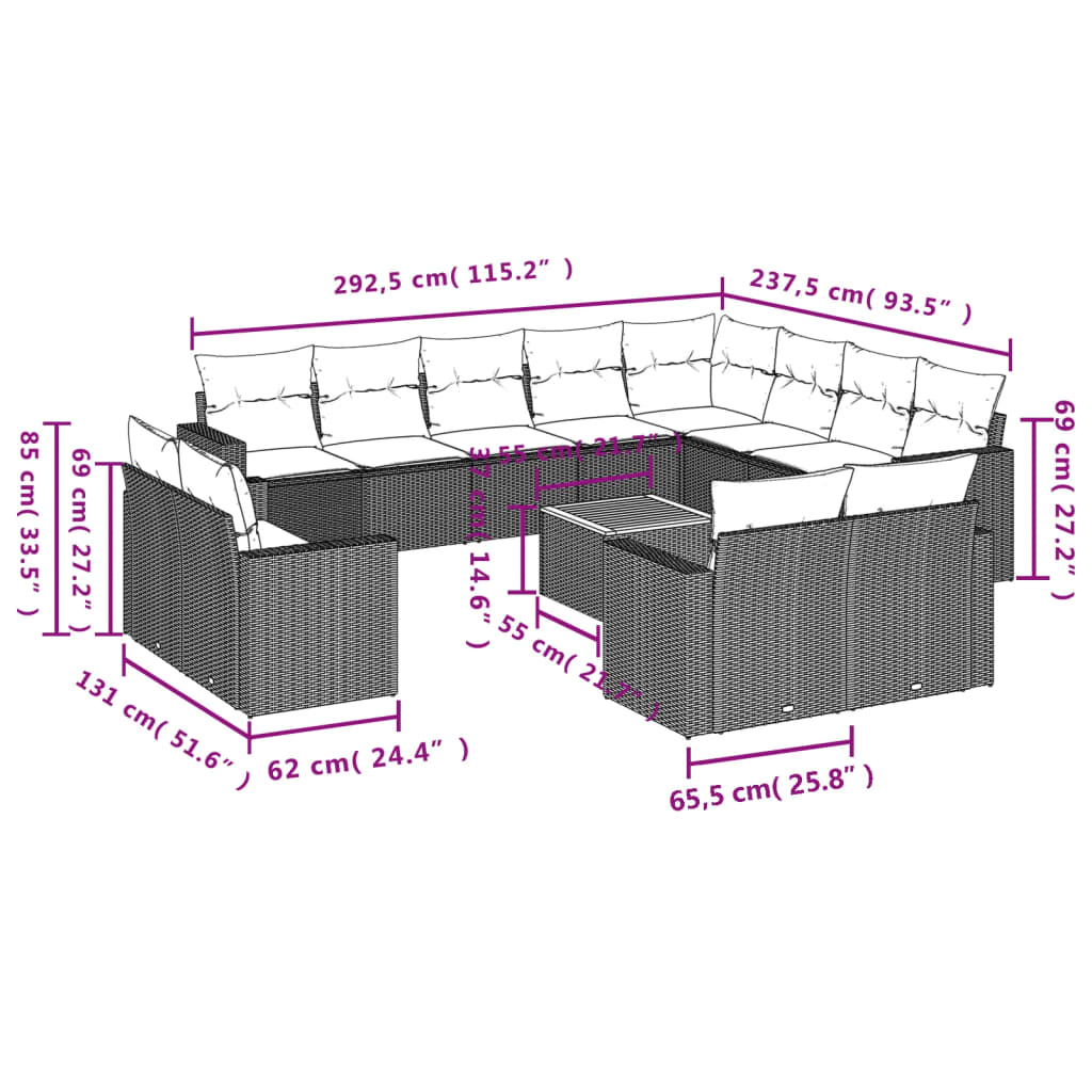 vidaXL 13-dielna záhradná sedacia súprava s vankúšmi sivá polyratanová