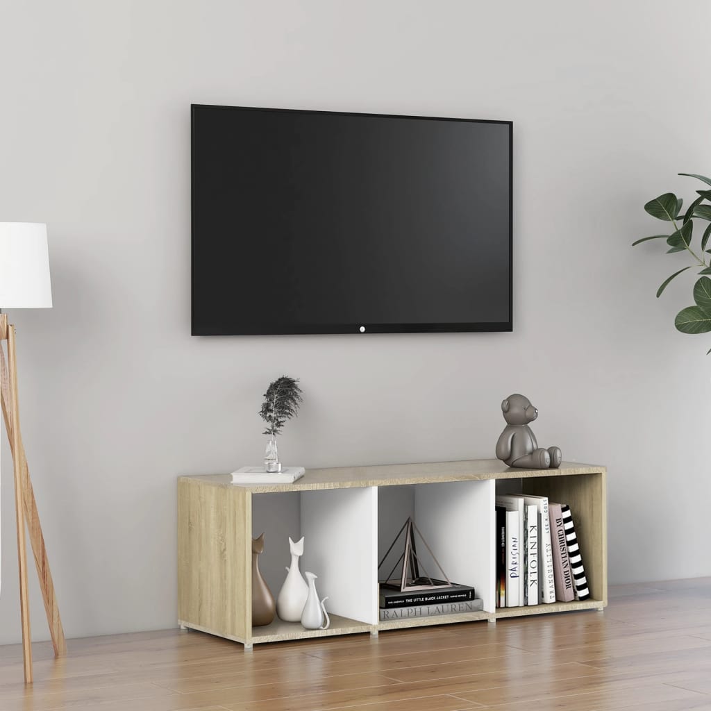 vidaXL TV skrinka, biela a dub sonoma 107x35x37 cm, kompozitné drevo