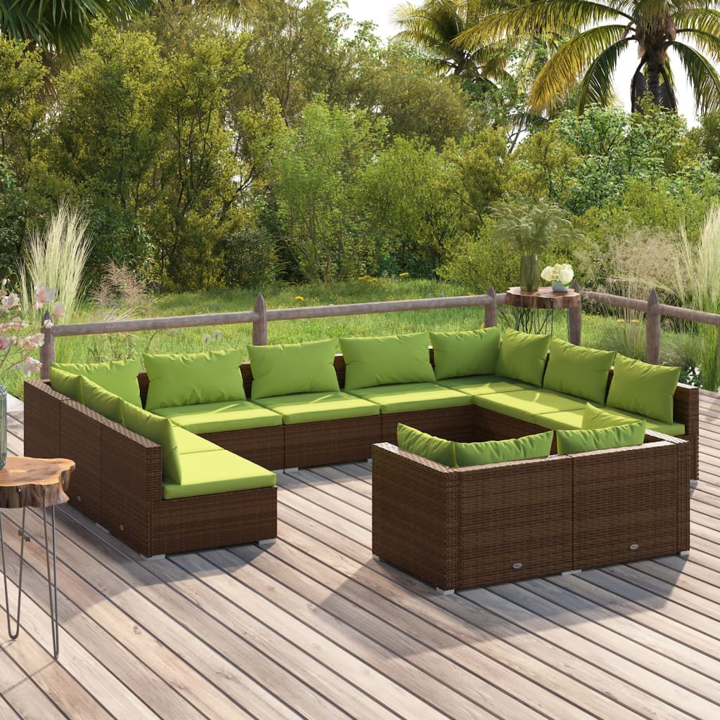 vidaXL 11-dielna záhradná sedacia súprava s vankúšmi hnedá polyratan
