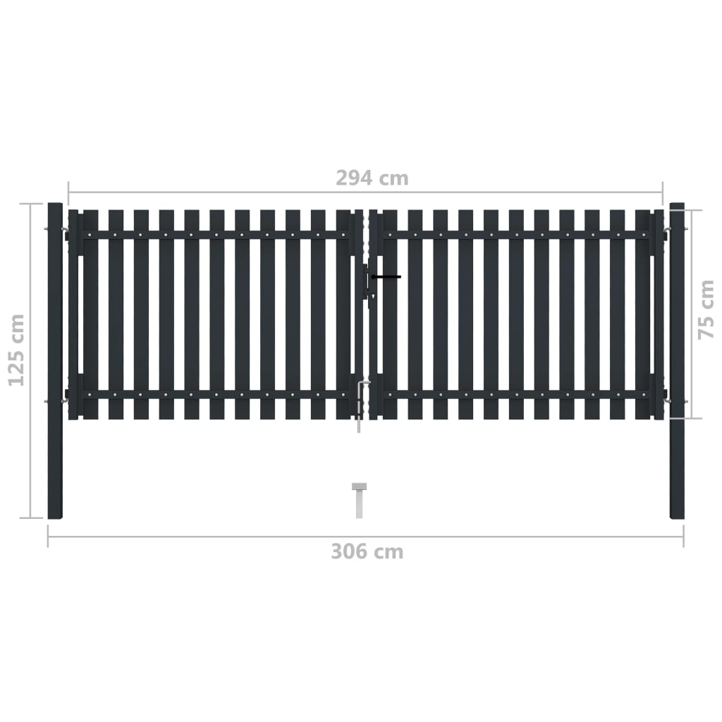 vidaXL Dvojkrídlová plotová brána, oceľ 306x125 cm, antracitová