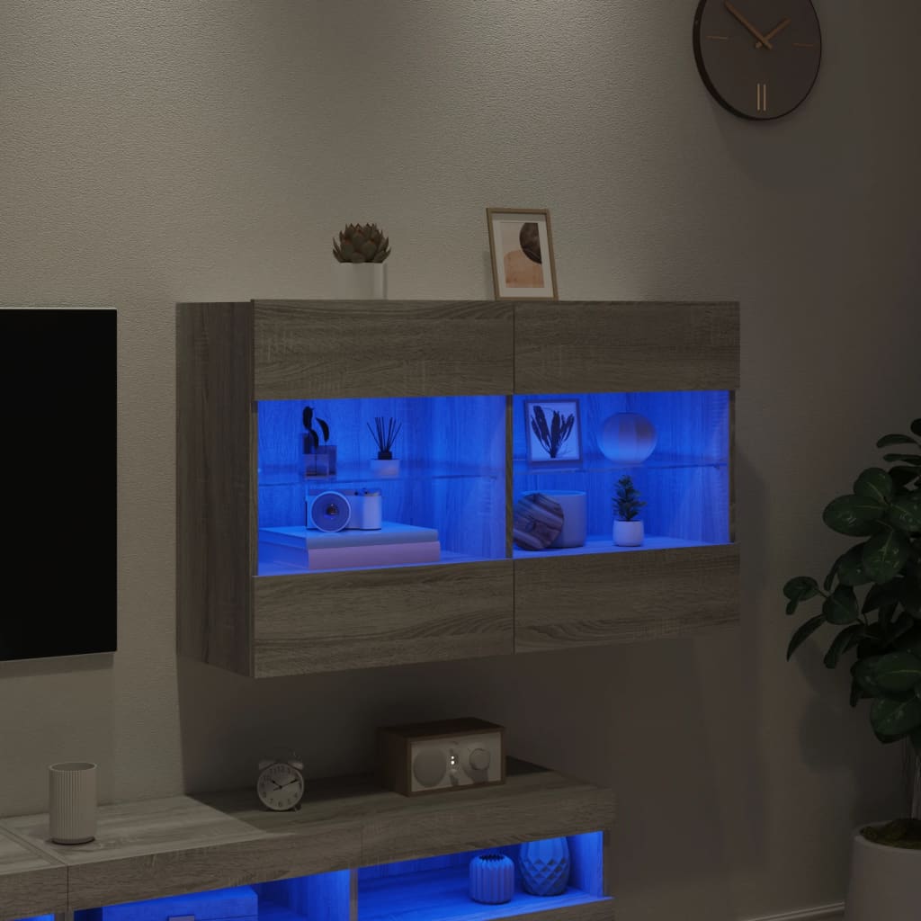 vidaXL TV nástenná skrinka s LED svetlami sivá sonoma 98,5x30x60,5 cm