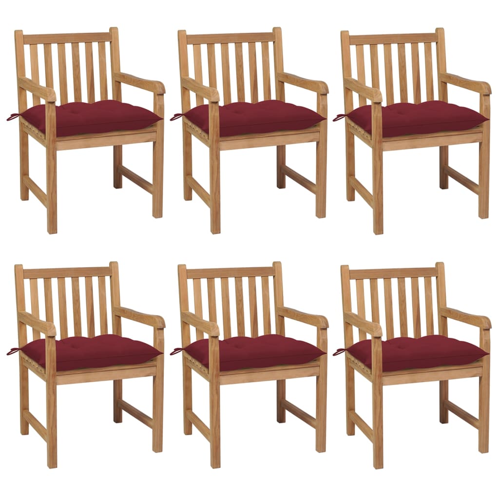 vidaXL Záhradné stoličky 6ks s vínovočervenými podložkami tíkový masív