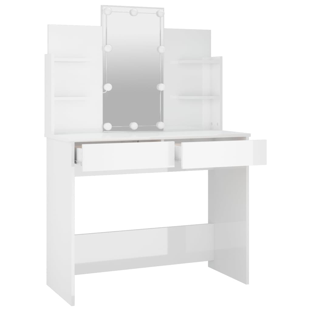 vidaXL Toaletný stolík s LED lesklý biely 96x40x142 cm