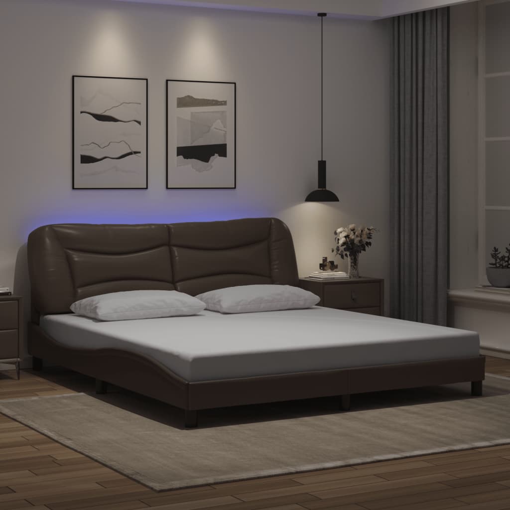 vidaXL Rám postele s LED svetlami hnedý 180x200 cm umelá koža