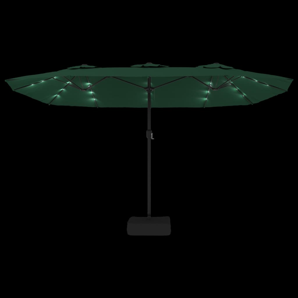 vidaXL Slnečník s dvojitou strieškou a LED zelený 449x245 cm