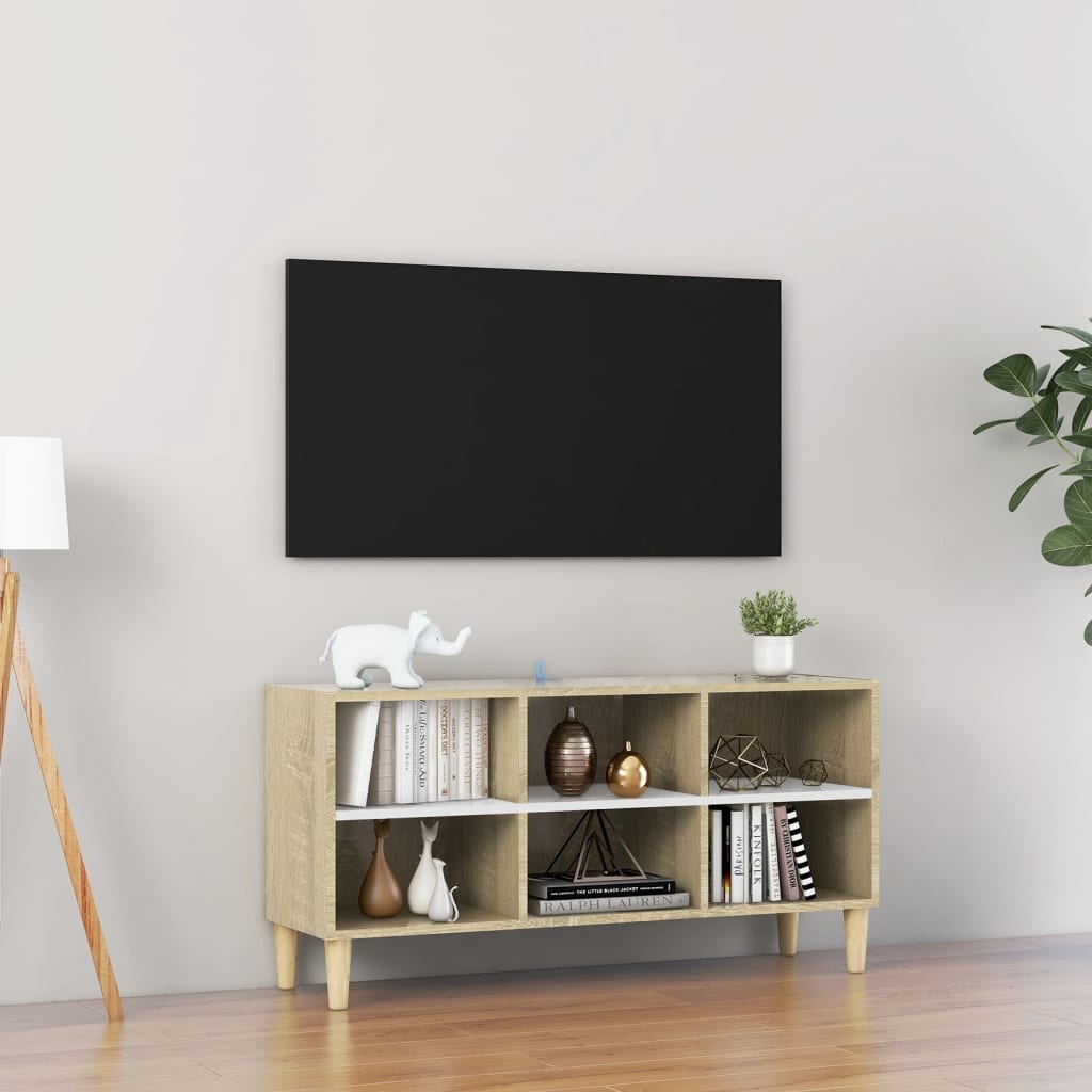 vidaXL TV skrinka, nohy z dreveného masívu, biela+sonoma 103,5x30x50cm