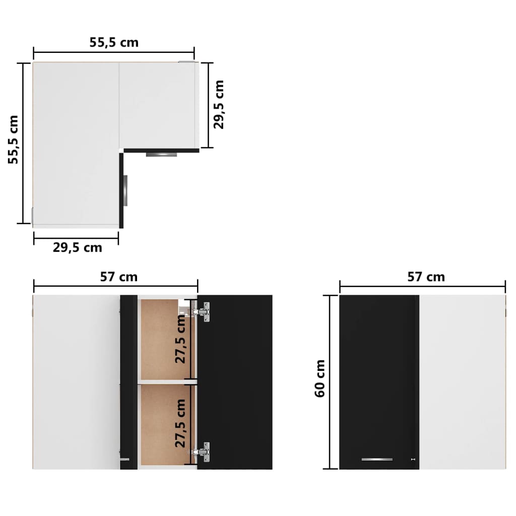 vidaXL Závesná rohová skrinka, čierna 57x57x60 cm, kompozitné drevo