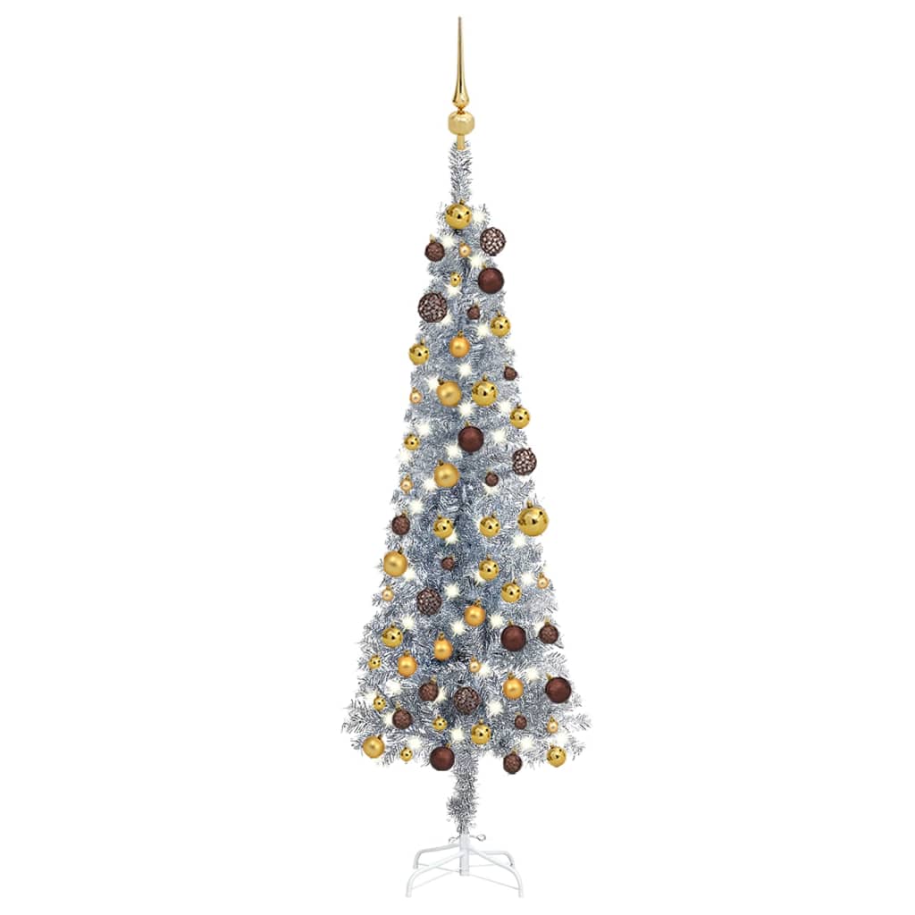 vidaXL Úzky osvetlený vianočný stromček s guľami, strieborný 120 cm