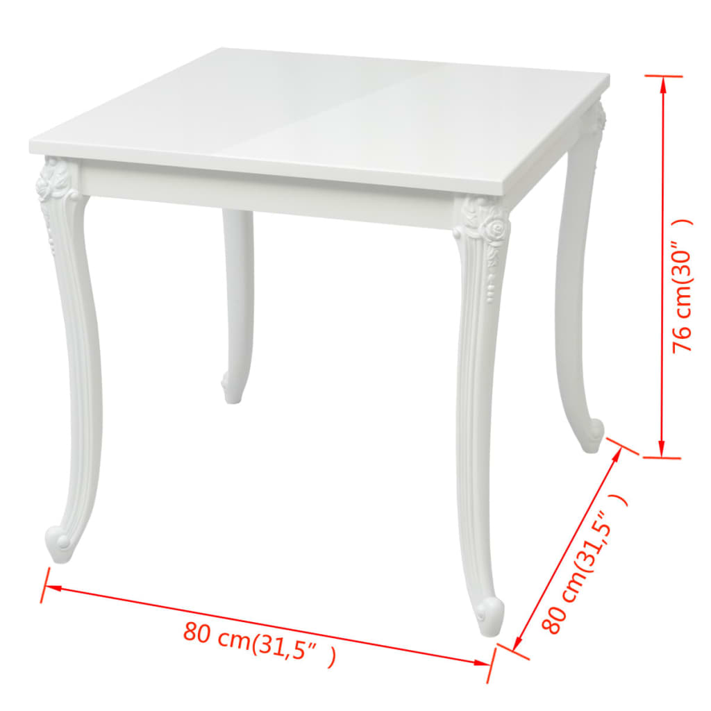 vidaXL Jedálenský stôl, 80x80x76cm, vysoko-leský, biely